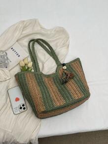 Bolsa de tote de paja tejida minimalista de gran capacidad, esenciales para vacaciones, perfecta para viajes, vacaciones, días festivos y playa - Verde - Ver 3