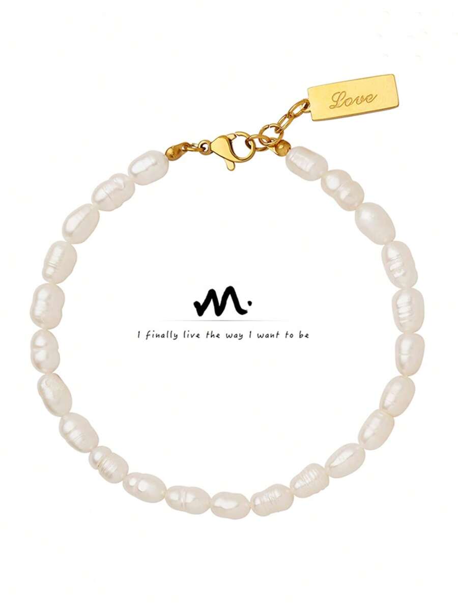 MiDuoDuo 1pc French Elegant Beautiful Square Pendant Necklace With Freshwater Pearl Bracelet, Stylish Accessories Gift For Women - Multicolor - View 1