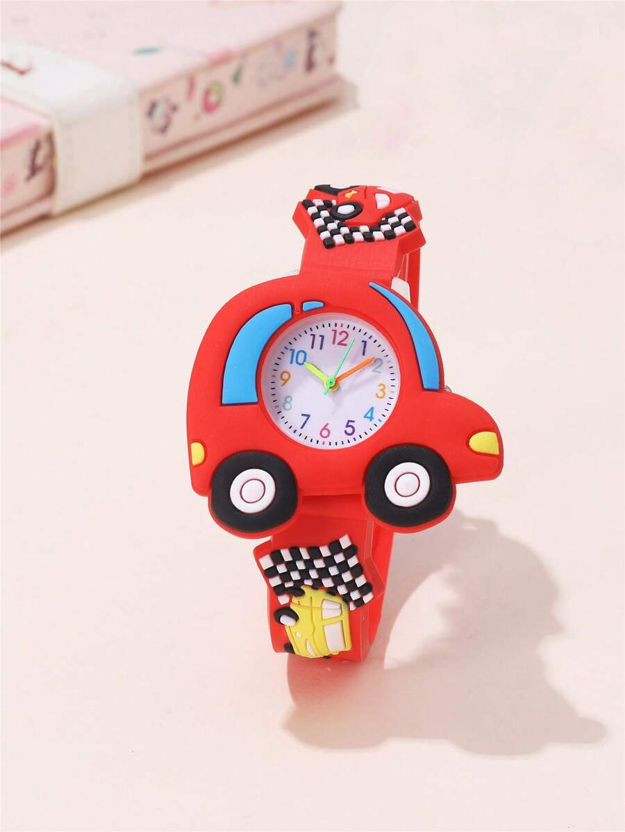 Reloj de cuarzo para niños con correa de silicona y diseño de autos lindos - Rojo - Ver 1