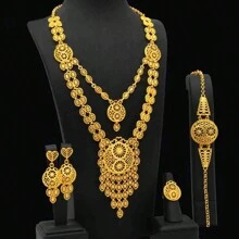4pcs Dubai Copper Alloy Gold Plated Necklace, Tassel Pendant, Earrings, Ring Jewelry Set, Luxury Nigerian Wedding Bridal Accessories, Suitable For Daily Wear - Yellow Gold - View 1