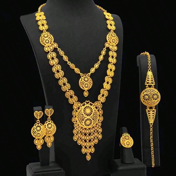 Conjunto de joyería de 4 piezas de aleación de cobre de Dubai con collar largo, pendientes de borla y anillo con baño de oro para damas, joyería de la India, de lujo, adecuada para bodas y accesorios de novia, también aptas para uso diario.