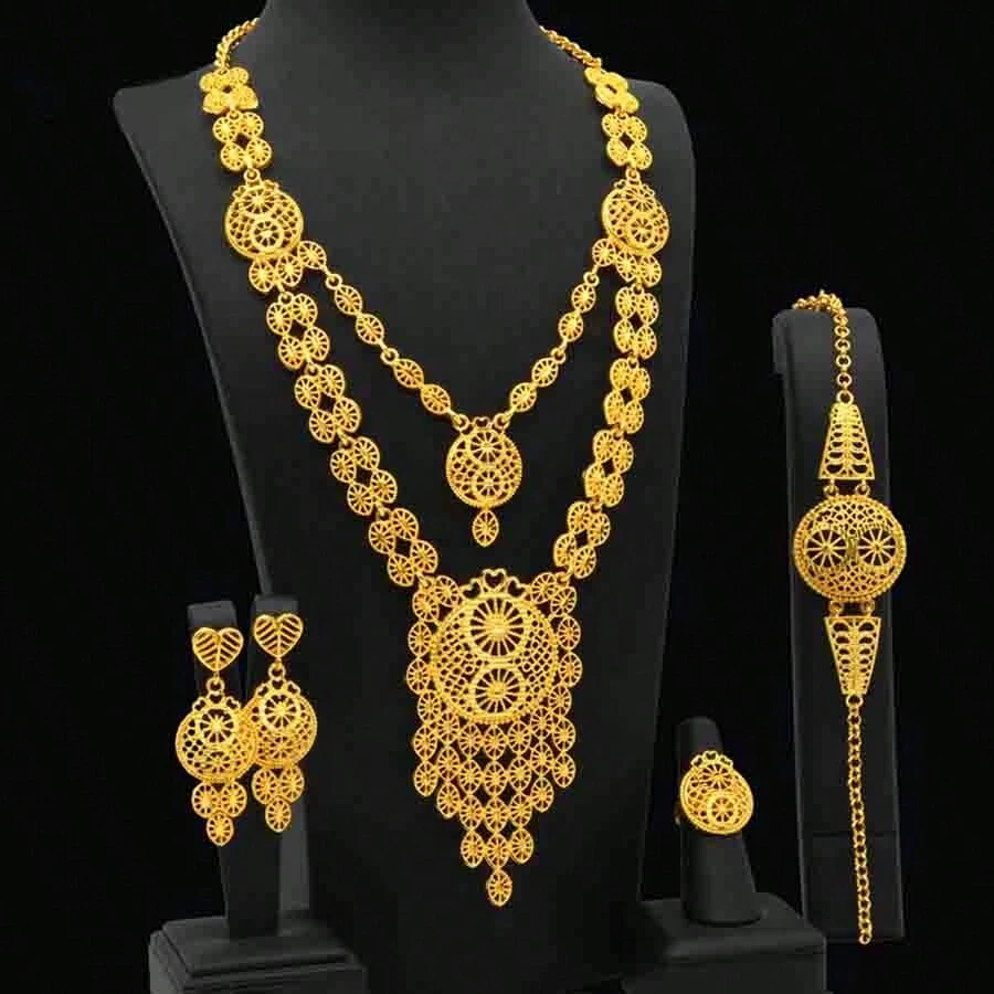 4pcs Dubai Copper Alloy Gold Plated Necklace, Tassel Pendant, Earrings, Ring Jewelry Set, Luxury Nigerian Wedding Bridal Accessories, Suitable For Daily Wear - Yellow Gold - View 1