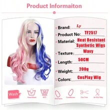 Synthetic Fiber Long Wavy Hair Headgear With Middle Parted Bangs, Double Color Combination Of Pink And Blue, Perfect For Cosplay, Costume Party, Clown Dress-Up, Girlfriend Wig Headgear, Halloween - Multicolor - View 2