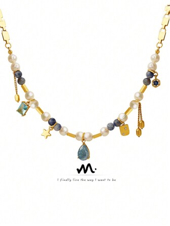 MiDuoDuo 1pc French Romantic Crystal & Natural Stone Cultured Pearl Necklace, Unique Women Accessory