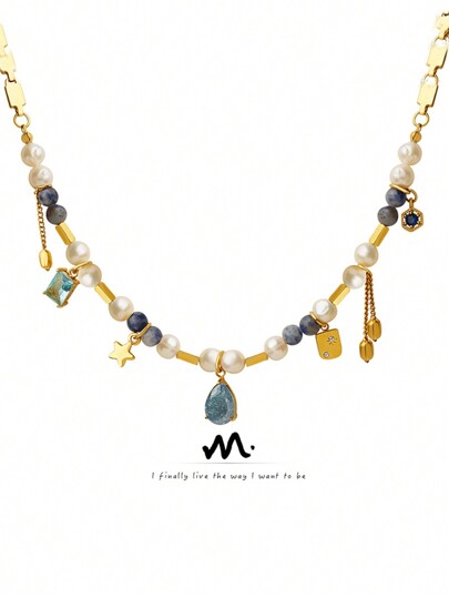 MiDuoDuo 1 szt. Francuski romantyczny kryształ i naturalny kamień naszyjnik z pereł hodowanych, wyjątkowy dodatek dla kobiet