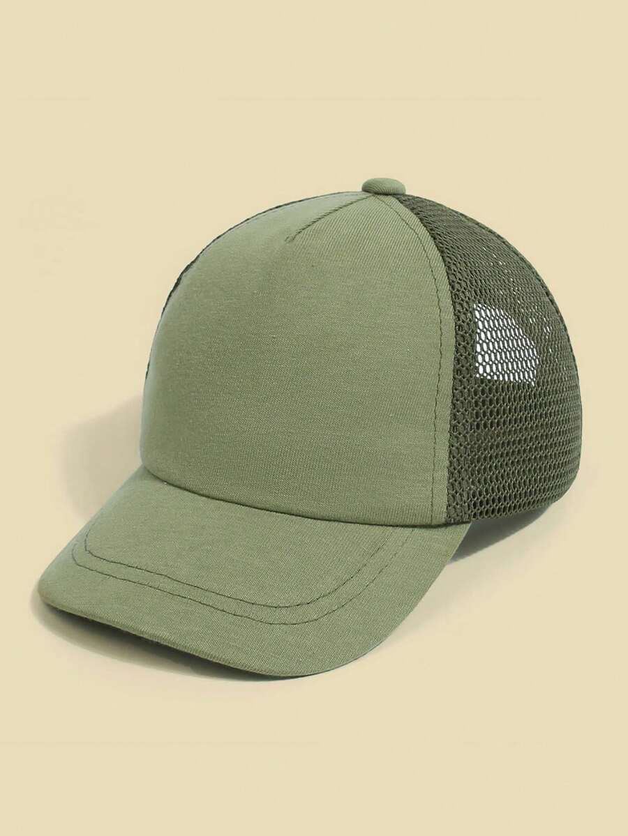 1 peça Boné de beisebol respirável de cor sólida para crianças, adequado para uso diário e ao ar livre com proteção contra o sol. - Verde Militar - Visão 1