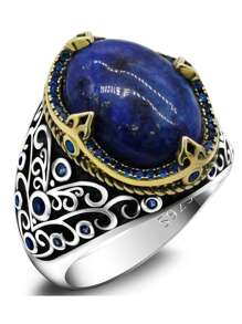 S925純銀男士戒指,鉗設天然青金石,波浪紋路,土耳其風格1入組 - 藍色 - 查看 1