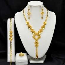 4pcs Dubai Copper Alloy Long Necklace Gold-Plated Ladies Tassel Pendant Earrings Ring India Jewelry Set Luxury Nigeria Fashion Wedding Bride Accessories Are Also Suitable For Daily Wear