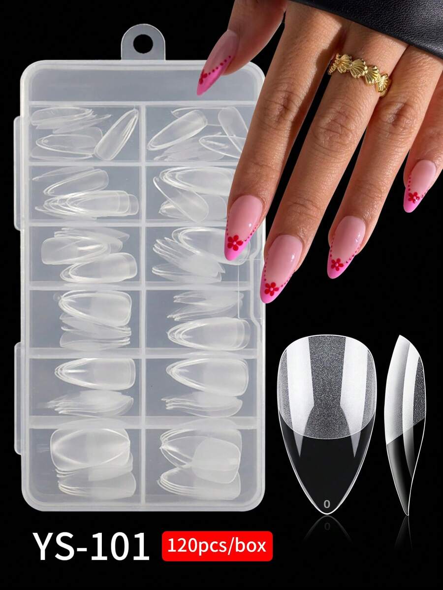 120pcs/Box Full Cover Fake Nails, Acrylic Manicure Supplies, Half Matte Seamless Nails, Transparent Short Almond Shape Nail Stickers