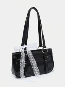 1 件女士蕾丝蝴蝶结芭蕾舞者风格腋下法棍包，复古 Y2K，适合外出、约会 - 黑色 - 查看 2