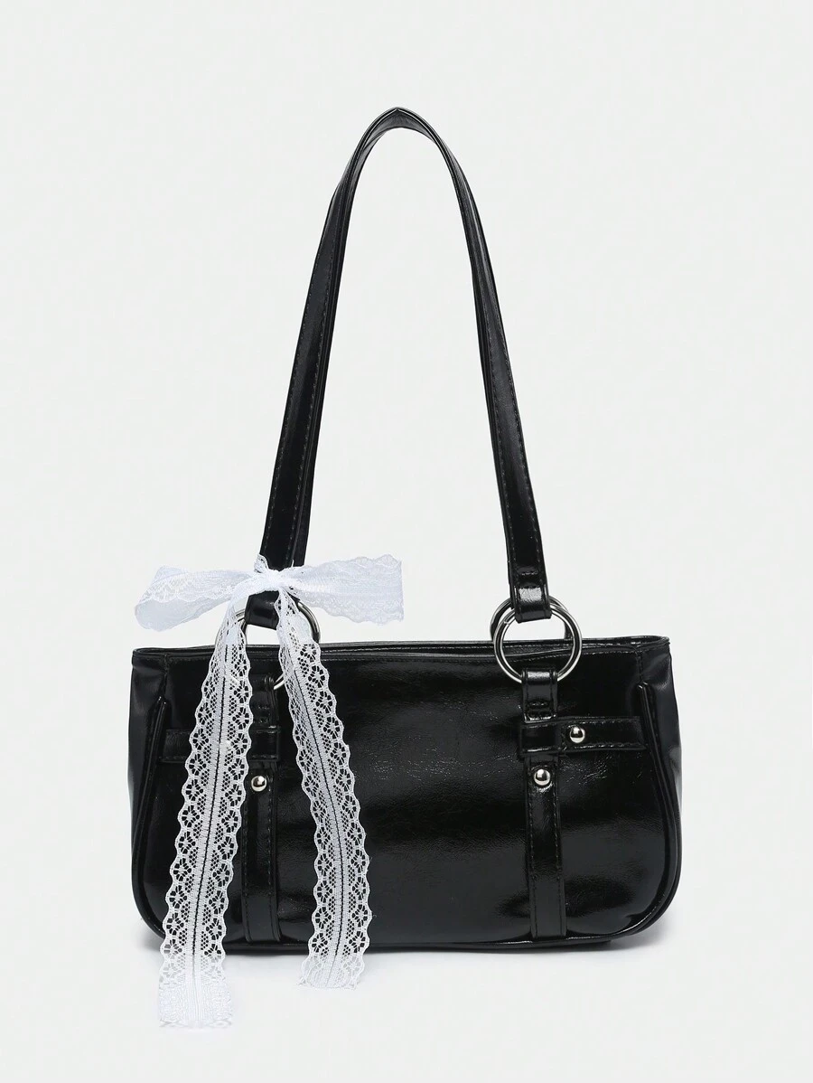 1 件女士蕾丝蝴蝶结芭蕾舞者风格腋下法棍包，复古 Y2K，适合外出、约会 - 黑色 - 查看 1