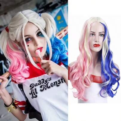 Synthetic Fiber Long Wavy Hair Headgear With Middle Parted Bangs, Double Color Combination Of Pink And Blue, Perfect For Cosplay, Costume Party, Clown Dress-Up, Girlfriend Wig Headgear
