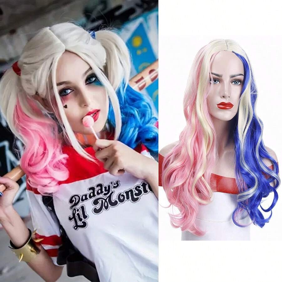 Synthetic Fiber Long Wavy Hair Headgear With Middle Parted Bangs, Double Color Combination Of Pink And Blue, Perfect For Cosplay, Costume Party, Clown Dress-Up, Girlfriend Wig Headgear, Halloween - Multicolor - View 1