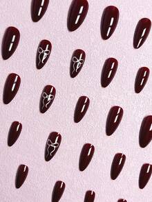 Agrega un toque de romance. 24 piezas de uñas postizas de estilo sencillo de longitud media, de color rojo vino elegante con lacito de diamantes, dulce y bonito diseño de almendra, adecuado para decoración de uñas de mujer + 1 pieza de pegamento de gel + 1 tira de lima. Suministros para uñas - Multicolor - Ver 2