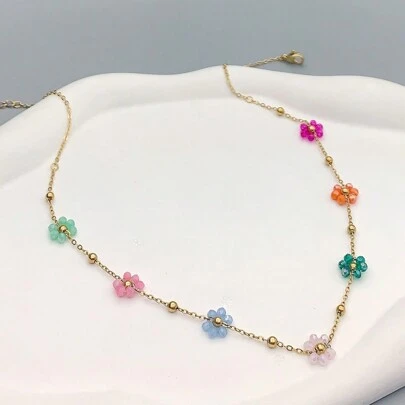 1 件夏季时尚可爱女孩新款小花项链，不锈钢锁骨链，彩色珠子，约会浪漫礼物，非常适合返校、婚礼季节和波西米亚风格假期情人节、妈妈、母亲、母亲节、礼物