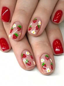 24pcs Short European-Style Shiny False Nails Set, Cute Strawberry & White Flower Design, Elegant And Sweet All-Match Nail Art Kit, Full Cover, Reusable, Suitable For Women & Girls To Wear For Parties, Dance Parties, And Daily Use. Press On Nails Nail Supplies - Red - View 1
