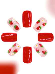 24pcs Short European-Style Shiny False Nails Set, Cute Strawberry & White Flower Design, Elegant And Sweet All-Match Nail Art Kit, Full Cover, Reusable, Suitable For Women & Girls To Wear For Parties, Dance Parties, And Daily Use. Press On Nails Nail Supplies - Red - View 3