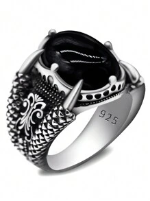 Nhẫn lớn sang trọng bằng bạc Sterling 925 gắn đá mã não đen tự nhiên, Quà tặng trang sức, 1 chiếc - màu đen - Xem 1