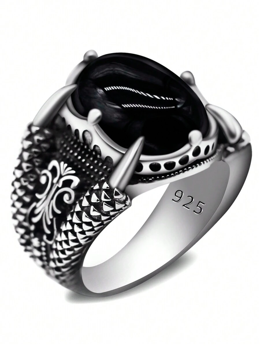 Nhẫn lớn sang trọng bằng bạc Sterling 925 gắn đá mã não đen tự nhiên, Quà tặng trang sức, 1 chiếc - màu đen - Xem 1