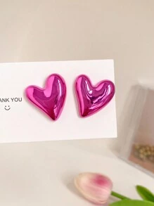 1 Pair Of Fashionable Colorful Geometric Heart-Shaped Earrings - Hot Pink - View 9
