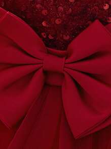 女婴纯色亮片网纱蝴蝶结薄纱蛋糕裙无袖可爱花童派对礼服，不含头饰 - 酒紅色 - 查看 8