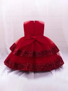 女婴纯色亮片网纱蝴蝶结薄纱蛋糕裙无袖可爱花童派对礼服，不含头饰 - 酒紅色 - 查看 2