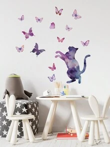1入組水彩貓剪影和紫色蝴蝶圖案DIY自粘防水育兒室裝飾貼紙，自帶粘性裝飾貼紙，輕鬆裝飾美化家居 - 彩色 - 查看 2
