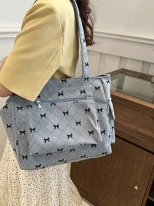 1 件装时尚撞色蝴蝶结印花单肩包，简约轻便，多口袋设计，可单肩背也可手提 - 藍色 - 查看 5