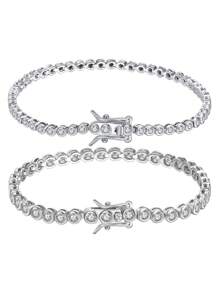 ORSA JEWELS 1 PC Genuine 925 Sterling Silver Round Stone Tennis Chain Bracelet 4A Grade Cubic Zirconia Women Hand Chain Luxury Hand Jewelry For Birthday Party Christmas Gift - Silver - View 2