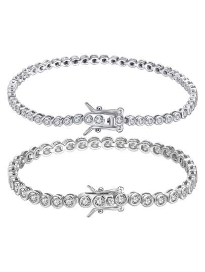 ORSA JEWELS 1 PC Genuine 925 Sterling Silver Round Stone Tennis Chain Bracelet 4A Grade Cubic Zirconia Women Hand Chain Luxury Hand Jewelry For Birthday Party Christmas Gift