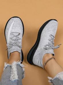 Women's Fashionable Lace-Up Front Low Top Slip On Sneakers, Casual Comfortable Splash Ink Sole Ankle Socks Shoes, Knit Breathable Sports Running Shoes For Daily Wear Spring