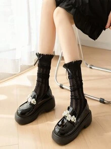 Șosete la modă crem alb pentru femei, șosete lungi cu model vertical, stil retro japonez, dulce, subțiri și drăguțe, la modă, crem, la modă