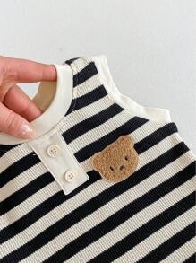 嬰兒男童開學季條紋熊背心和褲子套裝 - 黑色 - 查看 3