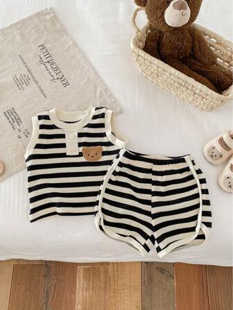 嬰兒男童開學季條紋熊背心和褲子套裝