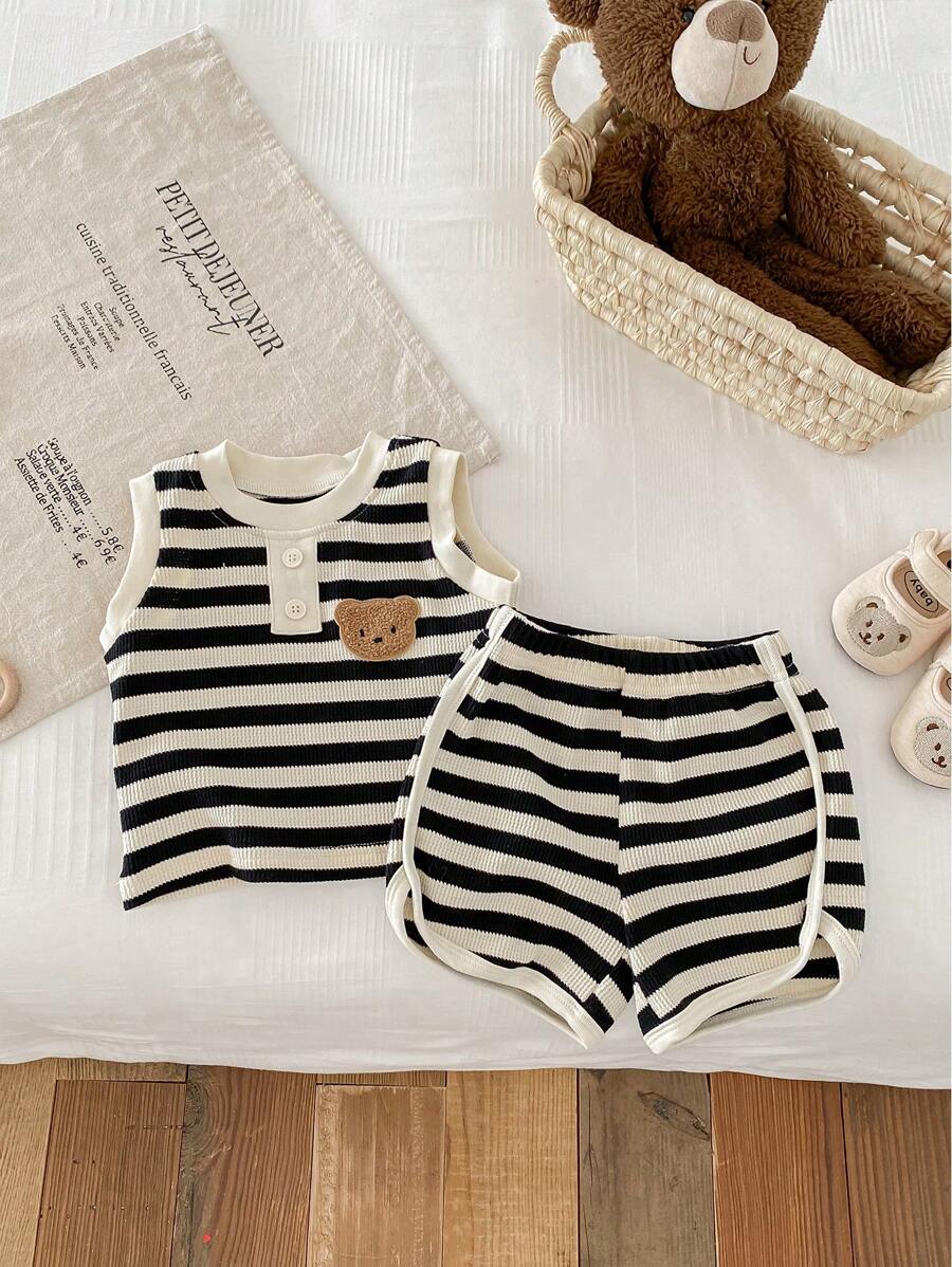 嬰兒男童開學季條紋熊背心和褲子套裝 - 黑色 - 查看 1