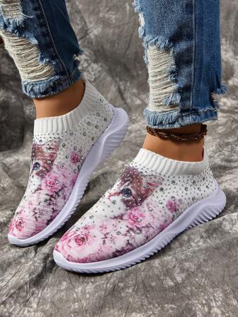New Arrivals Plus Size Women's Breathable Sports Casual Shoes With Rainbow Rhinestone Animal Face Decorations, For Leisure Activities