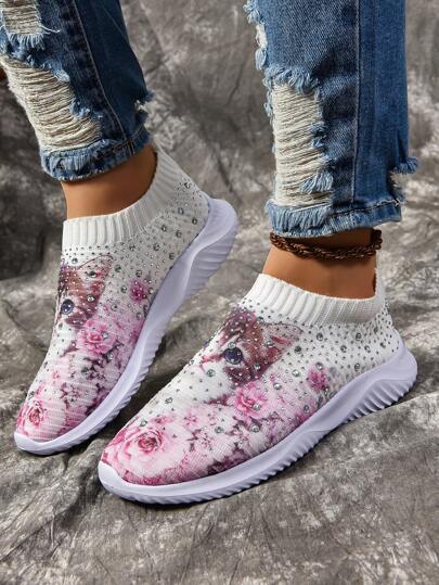New Arrivals Plus Size Women's Breathable Sports Casual Shoes With Rainbow Rhinestone Animal Face Decorations, For Leisure Activities