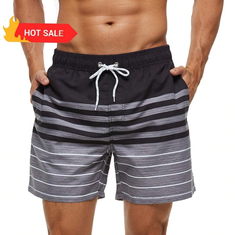 Traje de Baño Hombre Estampado Bañador Corto, Pantalones de Playa con 3 Bolsillos y cordón Ajustable, Trajes de Baño de Playa de Secado Rápido con Forro de Mallas, para Playa Natación Piscina - Gris - Ver 1