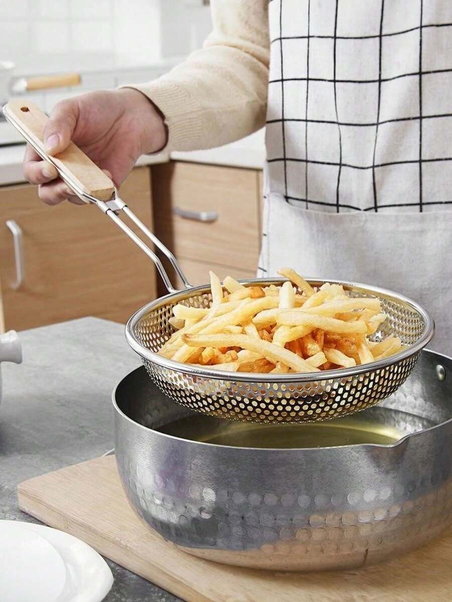 1pc Metal Colander Mesh Strainer Stainless Steel Skimmer Spoon Fine Mesh Food Strainer Kitchen Colander With Wooden Handle For Kitchen Cooking Food Preparation Grease Filter,Pasta Noodle Net Basket With Wooden Handle - Silver - View 1