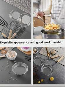 1pc Metal Colander Mesh Strainer Stainless Steel Skimmer Spoon Fine Mesh Food Strainer Kitchen Colander With Wooden Handle For Kitchen Cooking Food Preparation Grease Filter,Pasta Noodle Net Basket With Wooden Handle - Silver - View 6