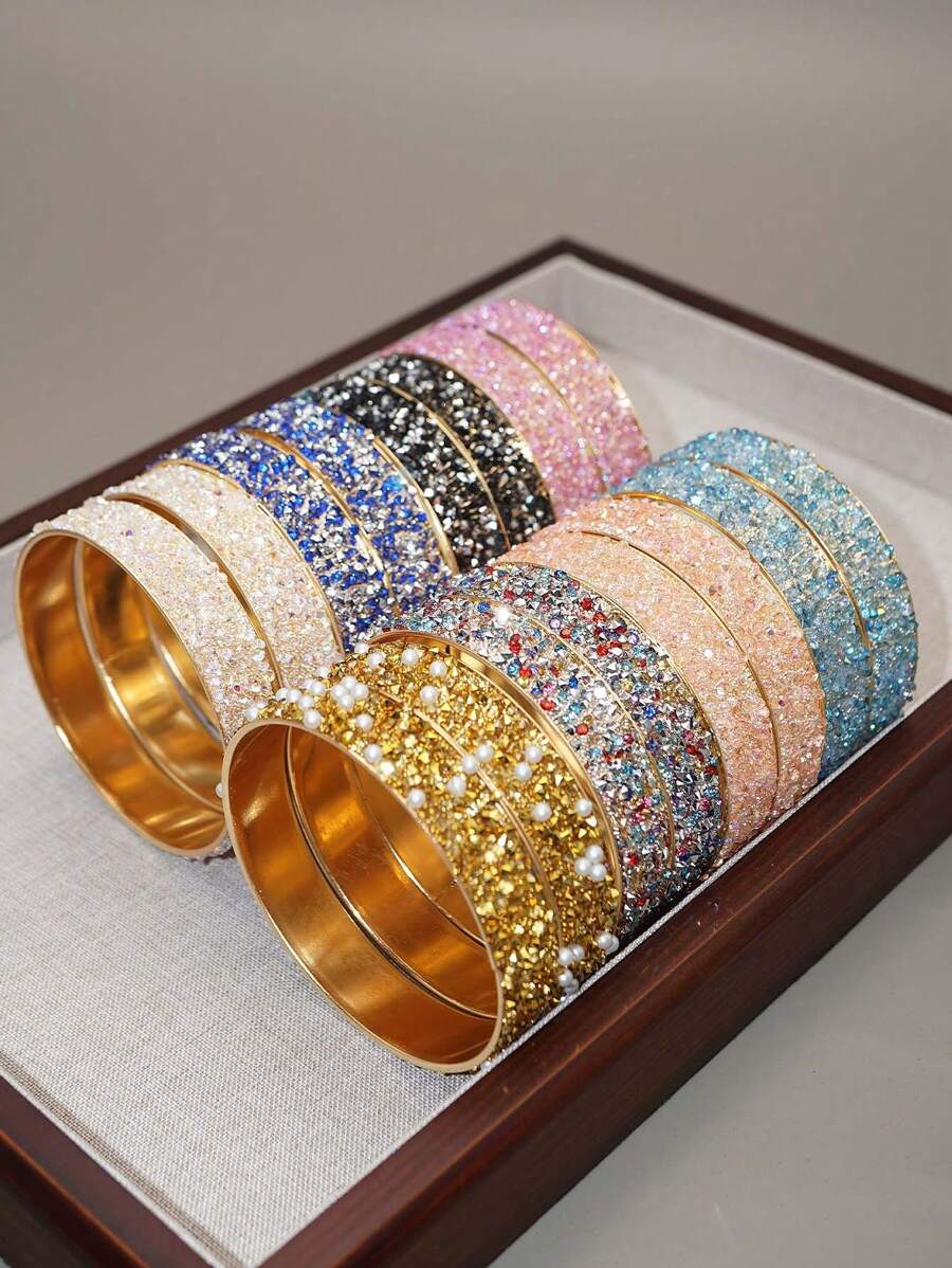 Hot Selling New Style Shiny & Sparkling Rhinestone Fashion Bracelet Set, 2pcs Each Set, Suitable For Parties, Gifts, And Daily Wear For Women