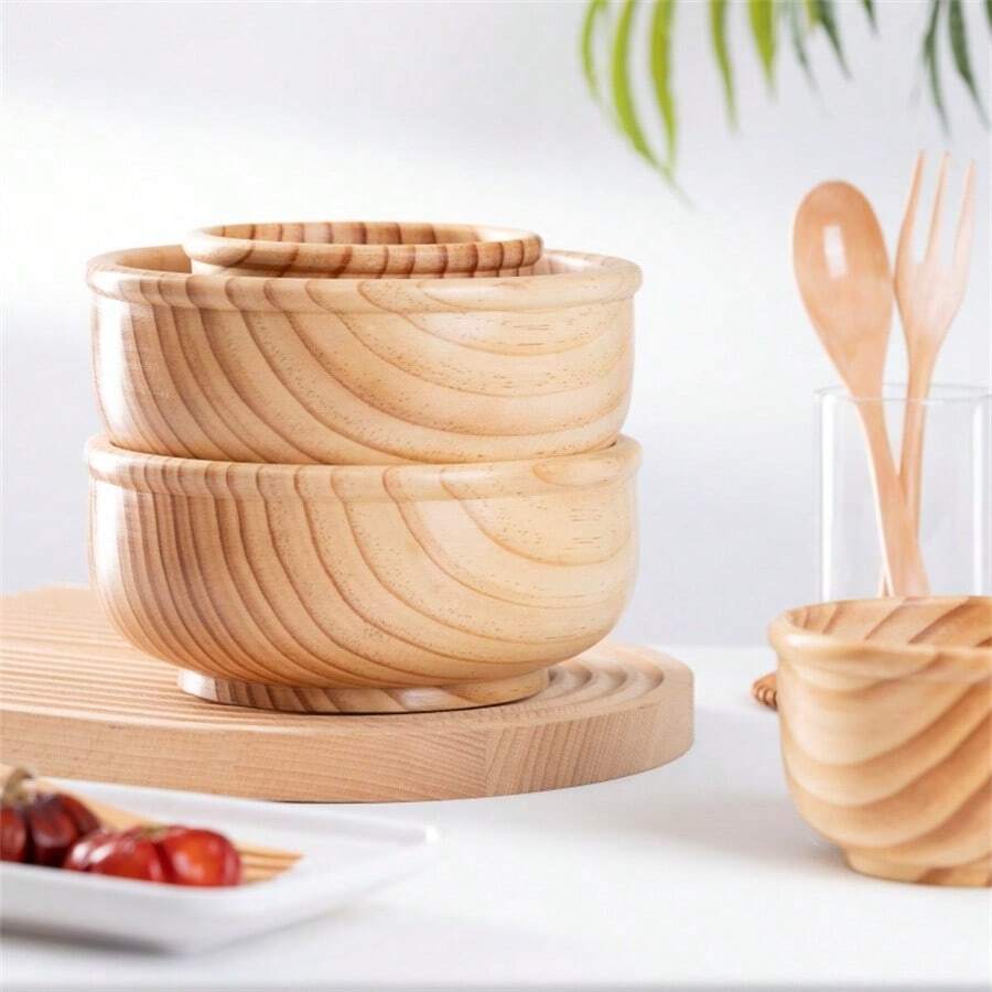 1pc Set Of Large And Small Wooden Salad Bowls With Spoon And Fork - Multicolor - View 1