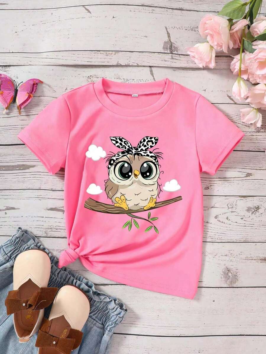 Young Girl 1pc Casual Style Green Short Sleeve Lightweight Knit T-Shirt With Owl Pattern, Summer - Pink - View 1