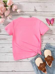 Young Girl 1pc Casual Style Green Short Sleeve Lightweight Knit T-Shirt With Owl Pattern, Summer - Pink - View 2