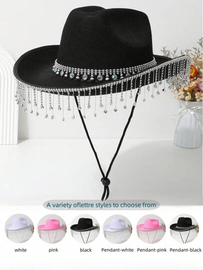 1 pezzo Cappello da cowgirl nero da donna con nappine, semplice e ; disponibile anche in bianco e rosa; con grande decorazione di strass scintillante, ideale per concerti jazz, matrimoni e appuntamenti di Ognissanti