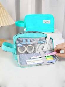 1 pieza Bolsa para lápices decorada con parches, de vuelta a la escuela, útiles escolares, estuche para lápices, bolsa escolar - Morado - Ver 8