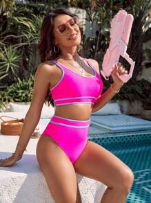 Women's Fashionable Summer Beach Contrast Trim Sporty Neon Bikini Set Bathing Suit - Hot Pink - View 1