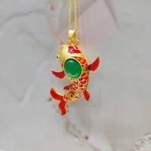 天然玉髓，鍍金工藝寶石鑲嵌項鍊吊墜，時尚珠寶，女士項鍊飾品，寶石項鍊，假日禮物，獻給她的禮物。 - 金魚 3 - 查看 3