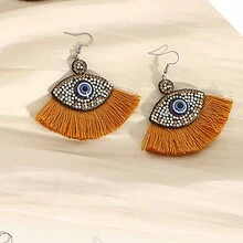 2pcs Bohemian  Earrings, Velvet Eye-Shaped Earrings With Tassels And Rhinestone Decoration, Suitable For Women And Girls
