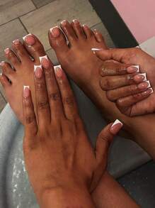 48入組手足套裝壓克力假指甲，白色法式假趾甲，極簡短方形假甲，適用於夏季女性及女孩子的裝飾指甲，美甲用品 - 彩色 - 查看 1